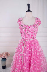 Hot Pink 3D Floral Cap Sleeves A-Line Prom Dress with Sash